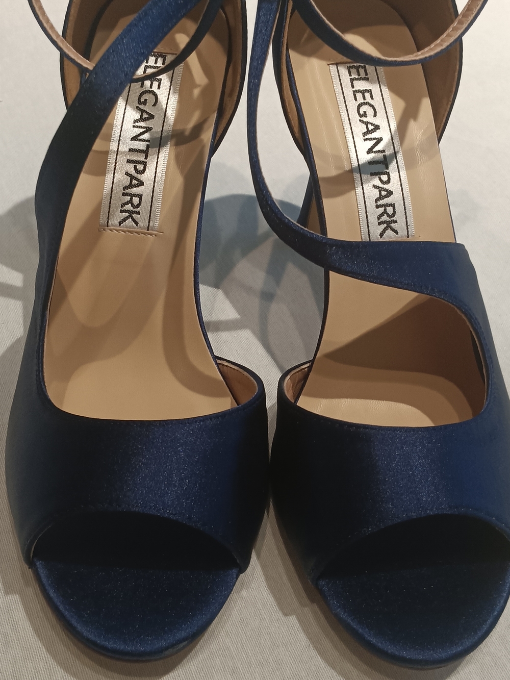 ElegantPark Navy Satin Peep-Toe Ankle-Strap 3" Heels
